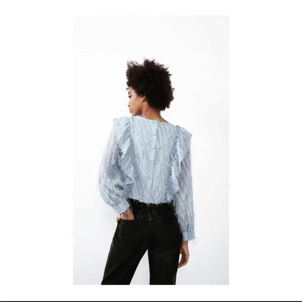 Zara Pale Blue Fringe Feather Ruffle Blouse With Sequins Top size Size Large